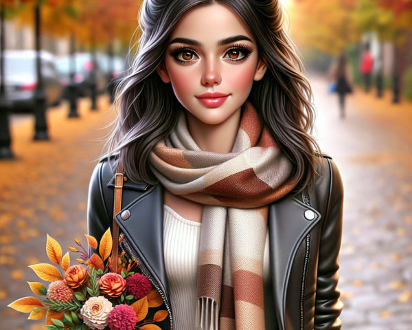 Young woman in autumn street with colorful foliage