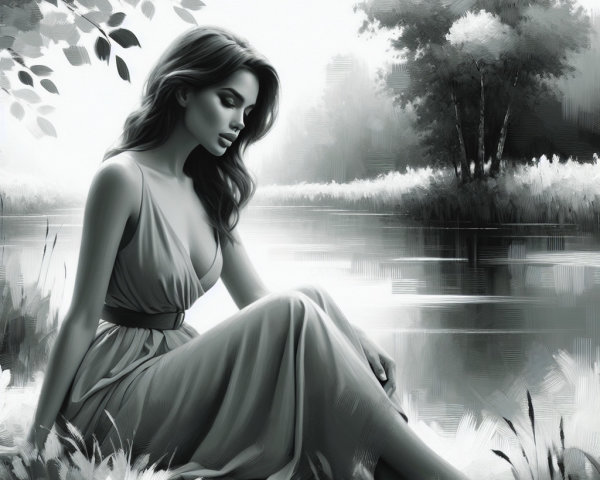 Serene Black-and-White Scene of Woman by River