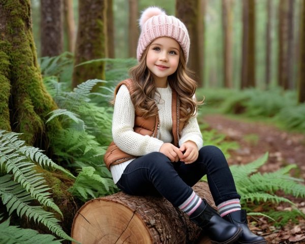 Young girl in cozy attire sitting in a lush forest