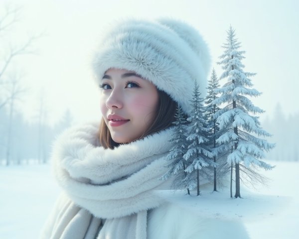 Winter Landscape with Woman in Fur Hat and Scarf