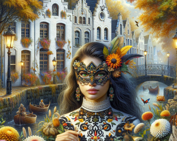 Woman in decorative mask amid autumn flowers and canal