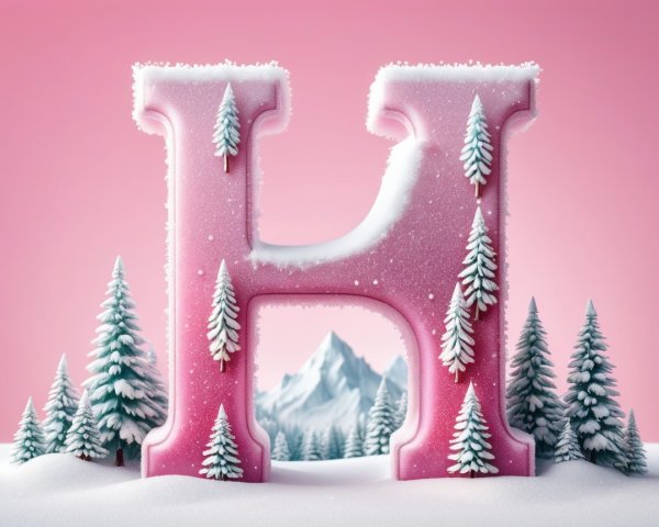 Frosty Pink Letter "H" in Winter Landscape Scene