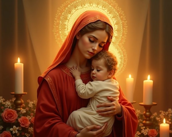 Mother and Child in Warm Light with Roses and Candles