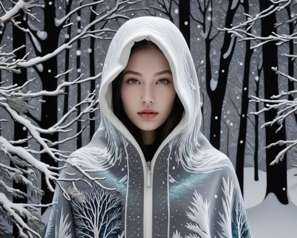 Young Woman in Hooded Cloak in Snowy Forest