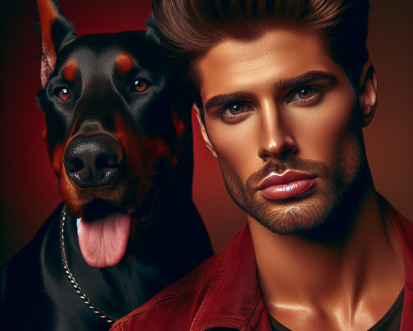 Portrait of a man and a Doberman in warm tones