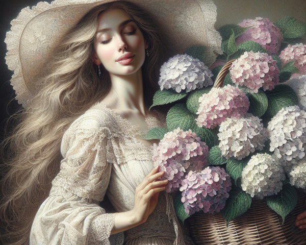 Elegant Woman with Hydrangeas in Vintage Gown
