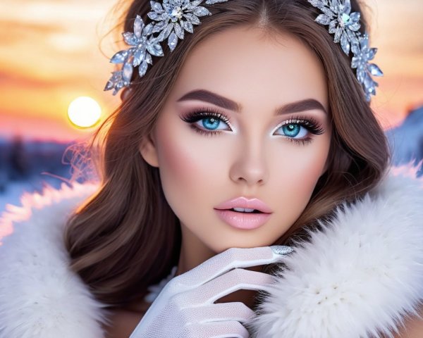 Young Woman in Elegant Winter-Themed Sunset Portrait