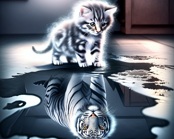 Fluffy Silver Kitten Reflects Majestic White Tiger