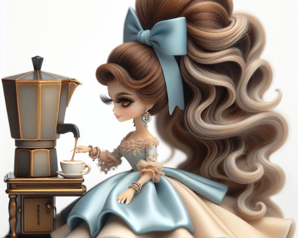 Stylized doll with luxurious hair beside vintage coffee machine
