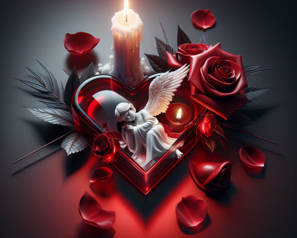 Heart-Shaped Glass Display with Angel and Roses