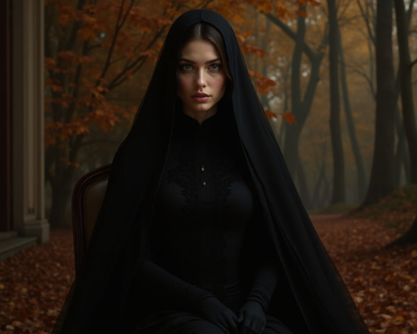 Woman in black veil in autumn forest setting