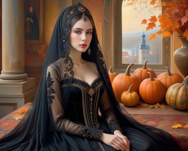 Elegant Woman in Black Gown Surrounded by Autumn Decor