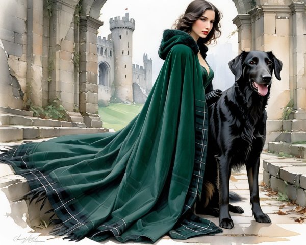 Regal Woman in Green Cloak with Black Dog and Castle