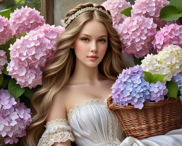 Young Woman in White Dress Surrounded by Hydrangeas