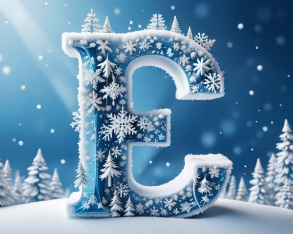 Stylized Letter E with Snowflakes in Winter Landscape