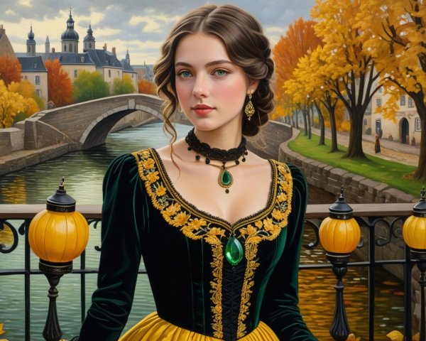 Young woman by autumn canal in elegant green dress