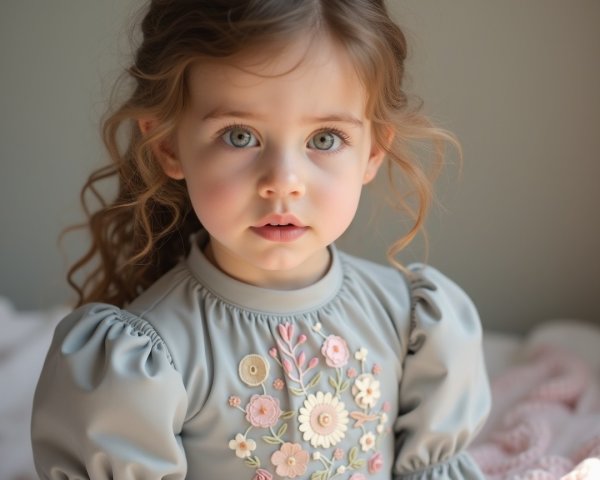 Portrait of a young girl with blue eyes and gray dress