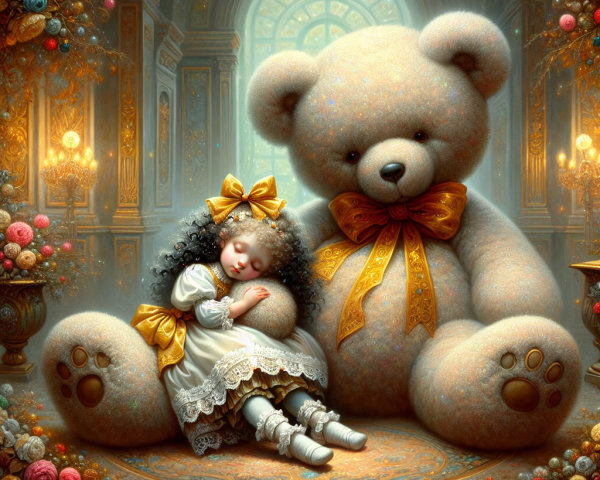 Whimsical Scene of Teddy Bear and Sleeping Girl