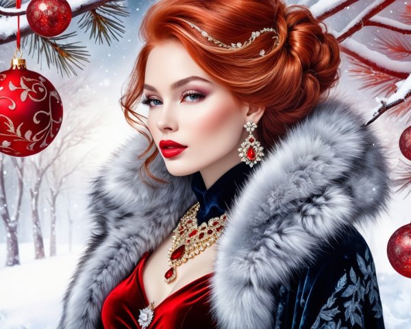 Elegant Woman in Navy Gown with Red Gem Jewelry