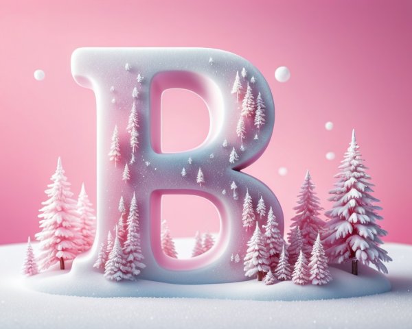 Large Pink Letter B on Snowy Surface with Trees