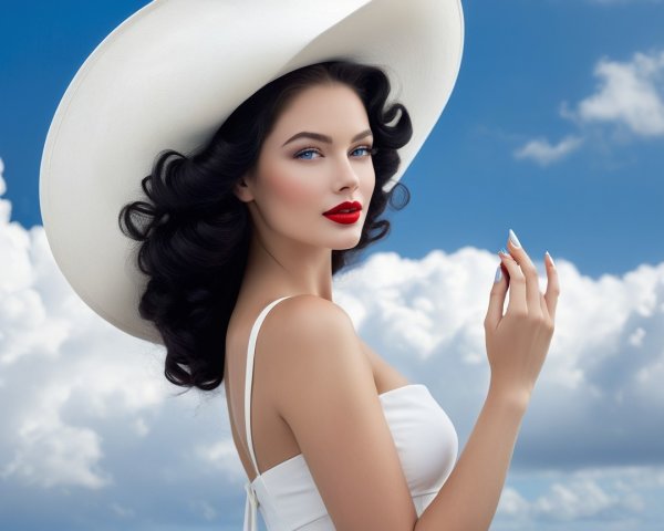 Elegant Woman in White Sundress Against Blue Sky