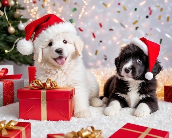 Puppies in Santa Hats with Christmas Decorations