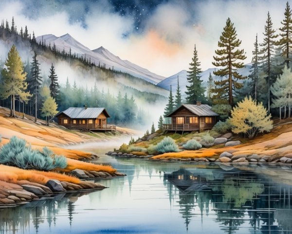 Serene Landscape with Cabins by a Tranquil River