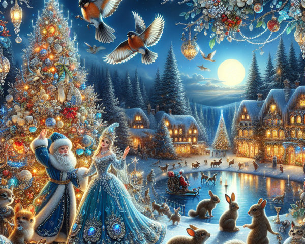 Magical Winter Scene with Christmas Tree and Couples