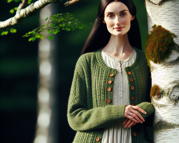 Young Woman in Green Cardigan by Birch Tree