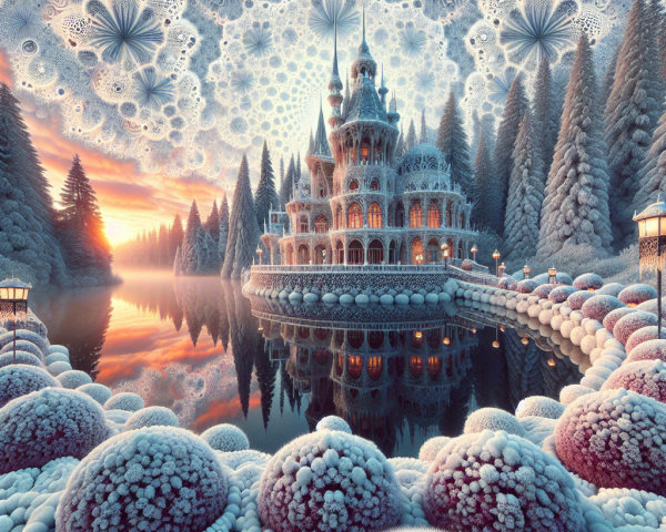 Ornate Ice Castle in a Serene Winter Landscape