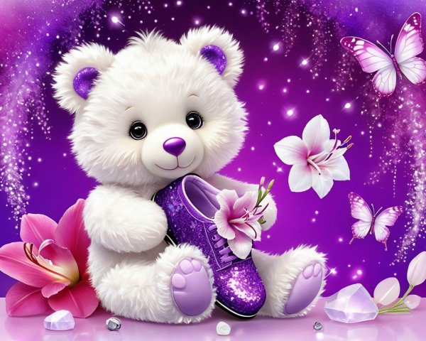 Fluffy White Teddy Bear on Purple Background with Sneakers