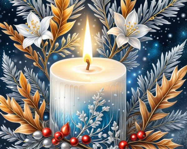 Detailed Illustration of Candle with Winter Foliage