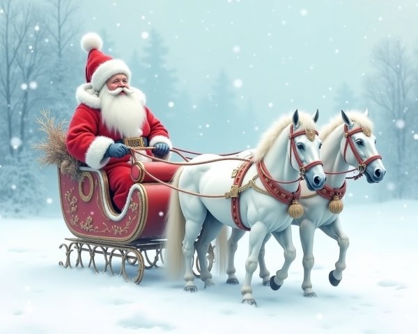 Santa Claus in a sleigh with white horses in snow