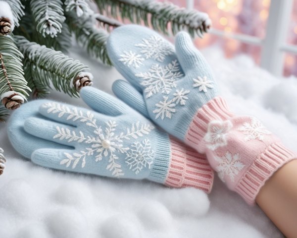 Cozy Mittens on Snow with Frosted Pine Background