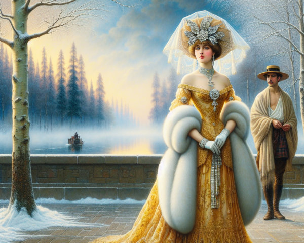 Elegant Woman in Yellow Gown in Winter Landscape