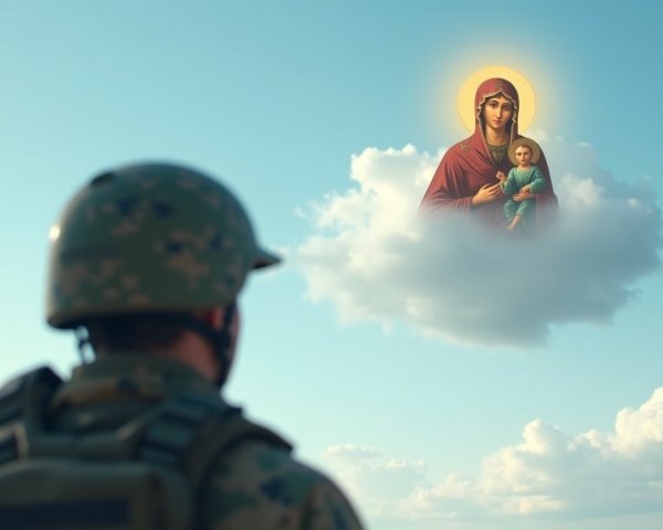 Soldier Gazing at Virgin Mary and Infant Jesus in Sky