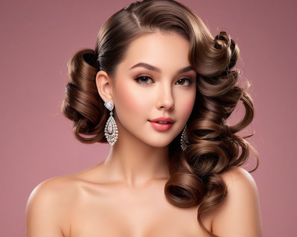 Glamorous Young Woman with Voluminous Curls and Makeup