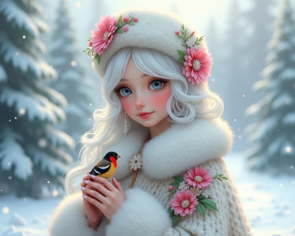 Young woman in snowy forest with white hair and bird