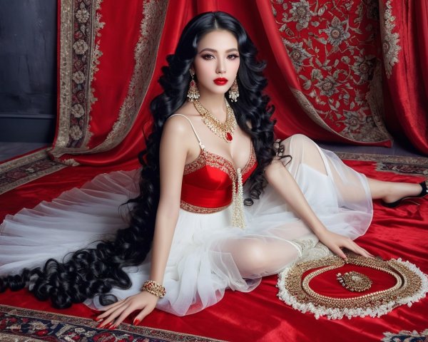Elegant woman in red and white dress on patterned rug