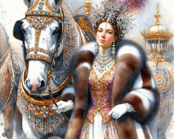 Regal Woman in Opulent Gown Beside Exquisite Horse