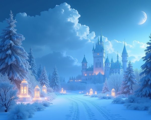 Snow-Covered Castle in a Serene Winter Landscape