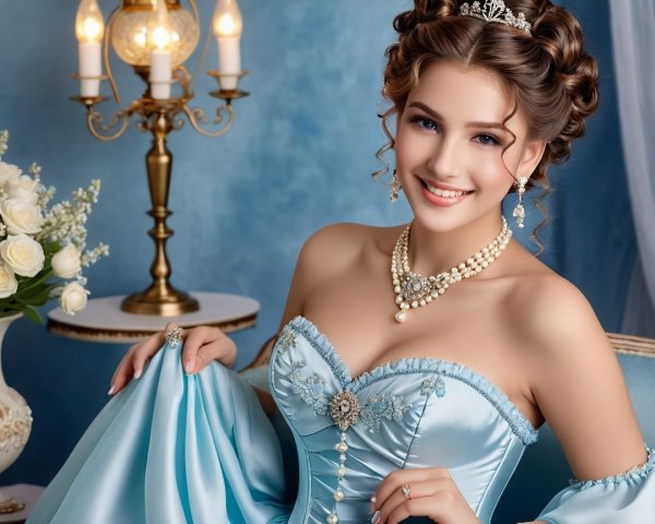 Young woman in light blue gown with elegant accessories