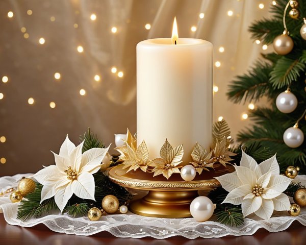 Elegant Holiday Centerpiece with Ivory Candle and Poinsettias
