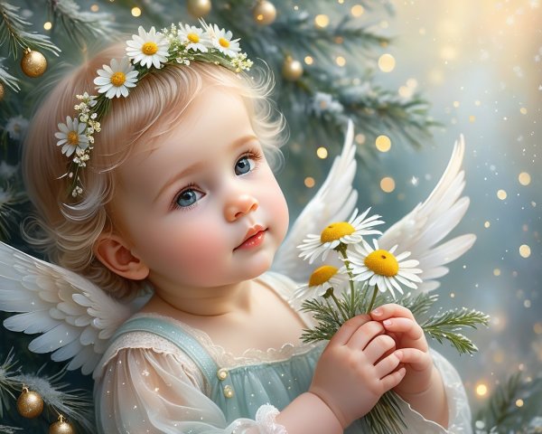Young child with floral crown and angelic wings