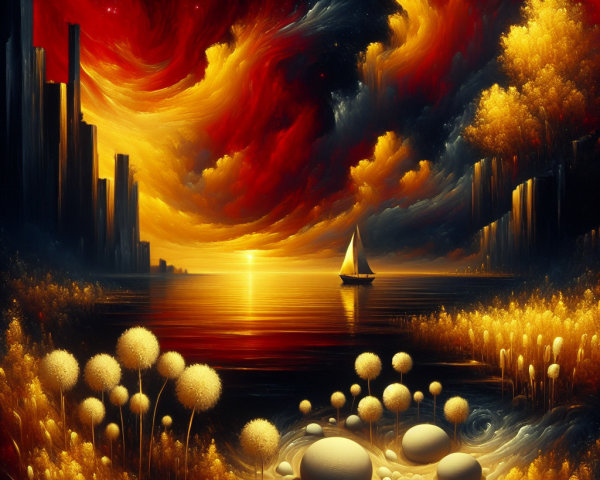 Vibrant Sunset Landscape Over Tranquil Water Body