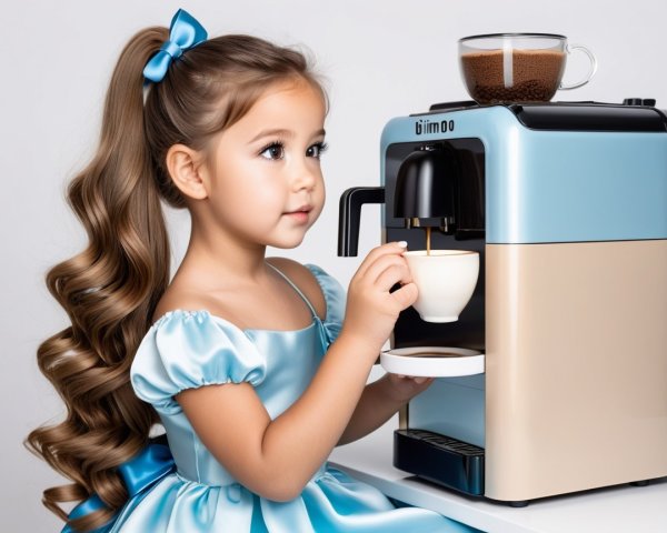 Young girl in blue dress using a pastel coffee machine