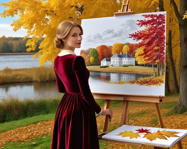 Autumn Scene with Woman Painting by Tranquil Lake