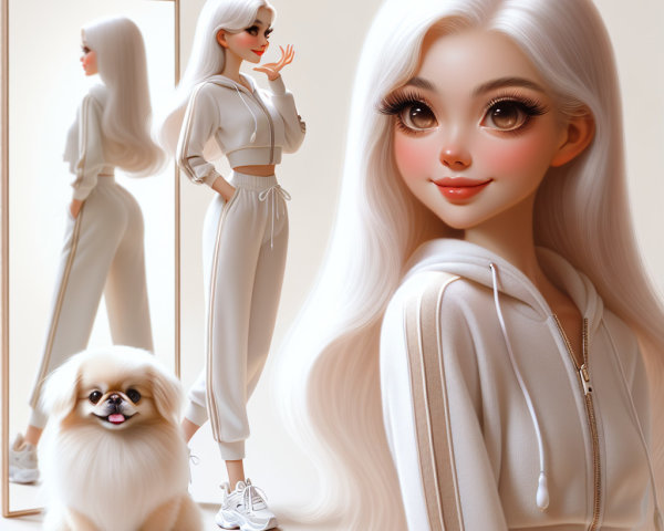 Young woman in stylish white tracksuit with Pekingese dog