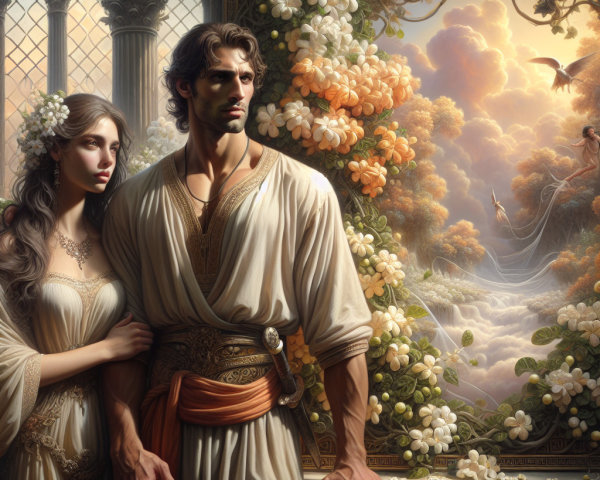 Couple in Elegant Attire Amidst Ethereal Mural