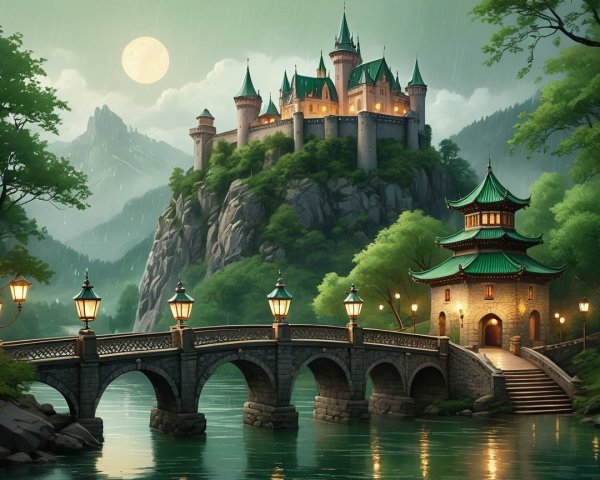 Castle on a Cliff with Bridge and Pagoda at Night